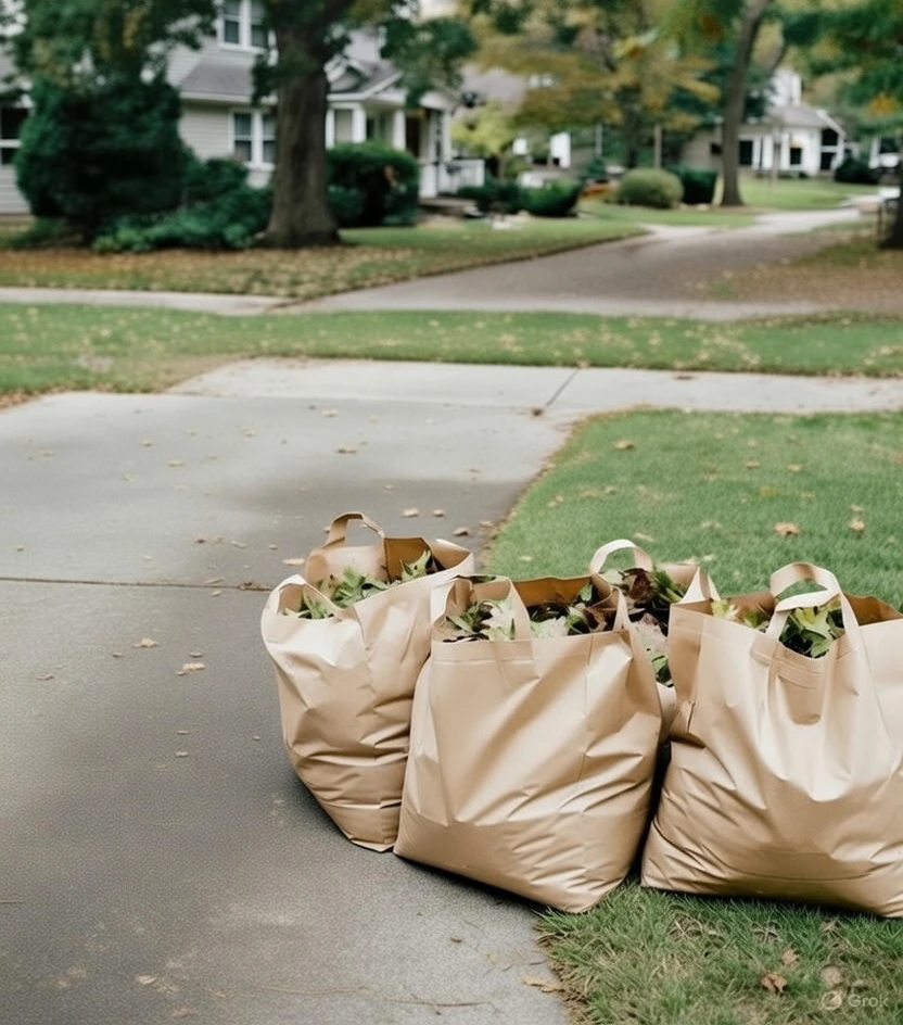 Pile of autumn leaves on a residential lawn
